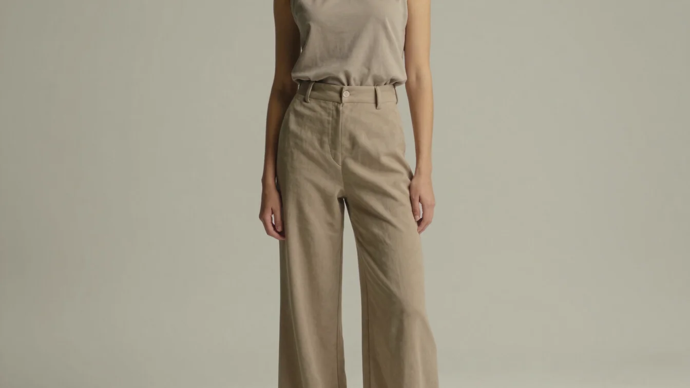 Studio shot of a woman wearing a tailored top and wide-leg pants,