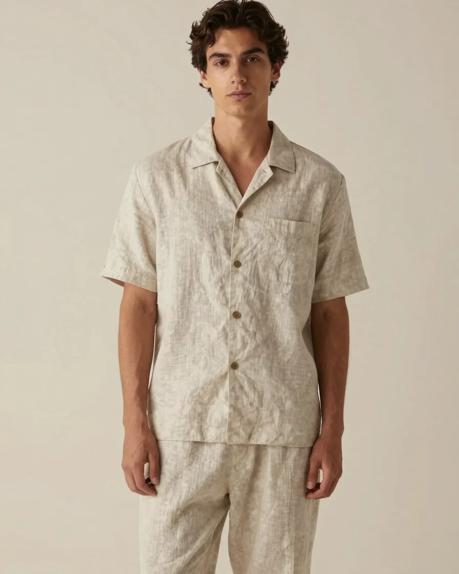 Clean vertical studio portrait of a model wearing a neutral linen co-ord set, warm soft diffused daylight studio lightin